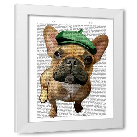 Brown French Bulldog with Green Hat White Modern Wood Framed Art Print by Fab Funky