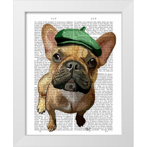 Brown French Bulldog with Green Hat White Modern Wood Framed Art Print by Fab Funky