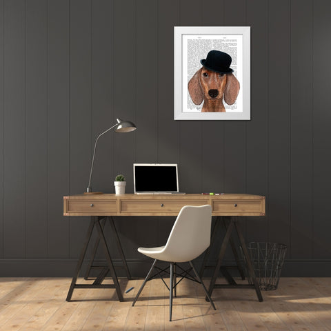 Dachshund with Black Bowler Hat White Modern Wood Framed Art Print by Fab Funky