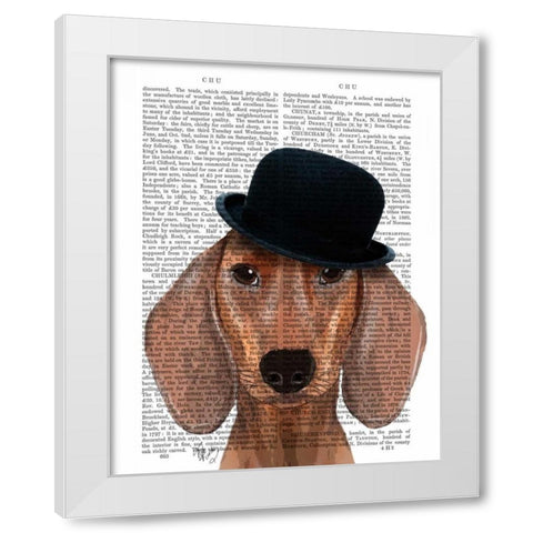 Dachshund with Black Bowler Hat White Modern Wood Framed Art Print by Fab Funky