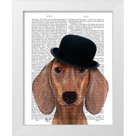 Dachshund with Black Bowler Hat White Modern Wood Framed Art Print by Fab Funky