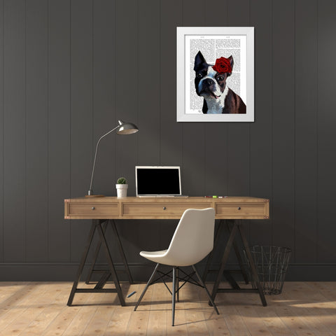 Boston Terrier with Rose on Head White Modern Wood Framed Art Print by Fab Funky