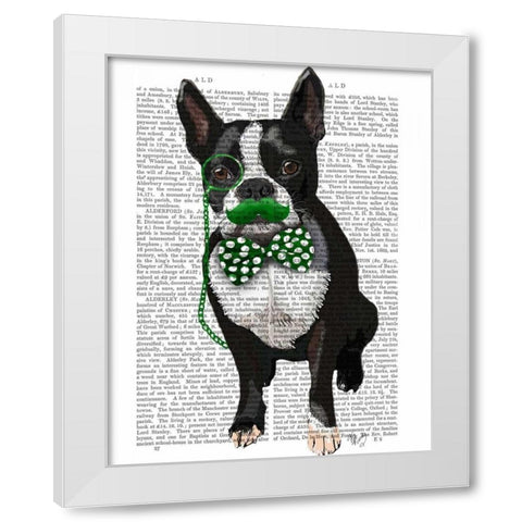 Boston Terrier With Green Moustache And Spotty Green Bow Tie White Modern Wood Framed Art Print by Fab Funky