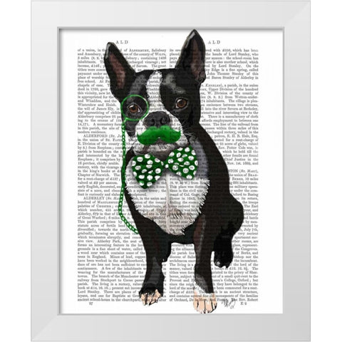 Boston Terrier With Green Moustache And Spotty Green Bow Tie White Modern Wood Framed Art Print by Fab Funky