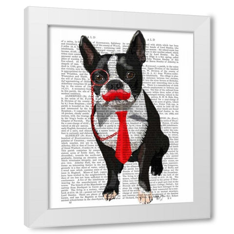 Boston Terrier With Red Tie and Moustache White Modern Wood Framed Art Print by Fab Funky