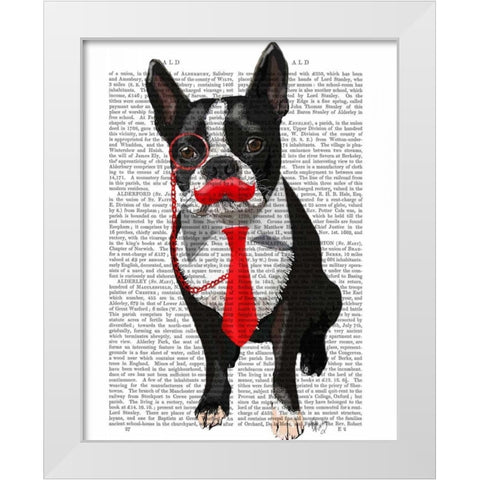 Boston Terrier With Red Tie and Moustache White Modern Wood Framed Art Print by Fab Funky