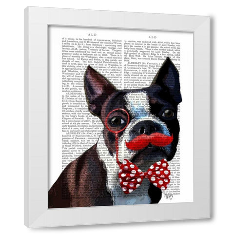 Boston Terrier Portrait with Red Bow Tie and Moustache White Modern Wood Framed Art Print by Fab Funky