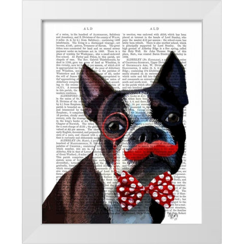 Boston Terrier Portrait with Red Bow Tie and Moustache White Modern Wood Framed Art Print by Fab Funky