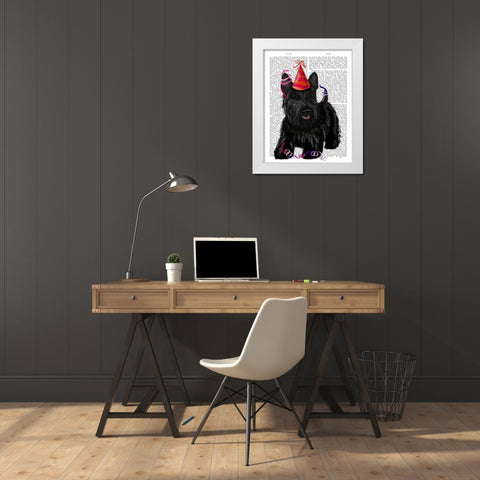 Scottish Terrier and Party Hat White Modern Wood Framed Art Print by Fab Funky