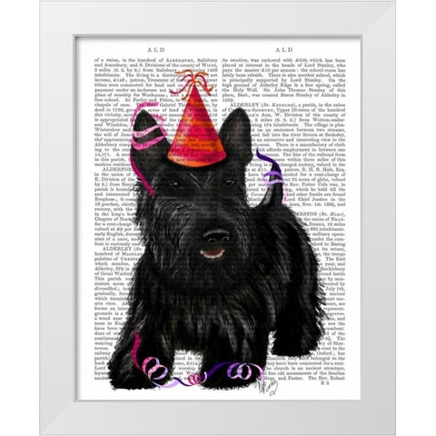 Scottish Terrier and Party Hat White Modern Wood Framed Art Print by Fab Funky