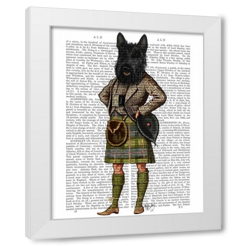 Scottish Terrier in Kilt White Modern Wood Framed Art Print by Fab Funky