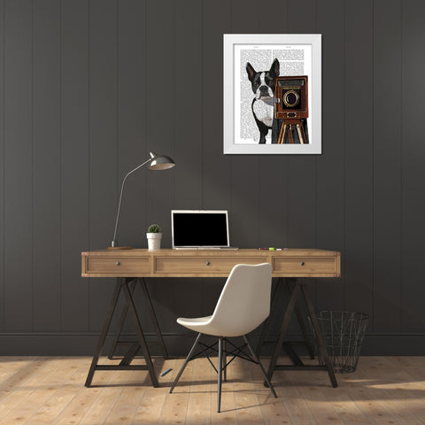 Boston Terrier Photographer White Modern Wood Framed Art Print by Fab Funky