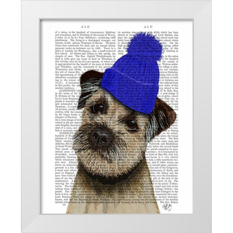 Border Terrier with Blue Bobble Hat White Modern Wood Framed Art Print by Fab Funky