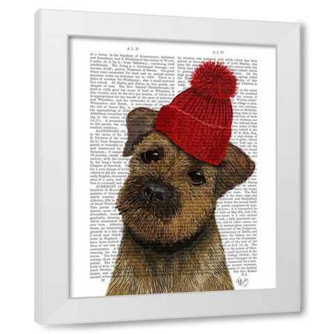 Border Terrier with Red Bobble Hat White Modern Wood Framed Art Print by Fab Funky