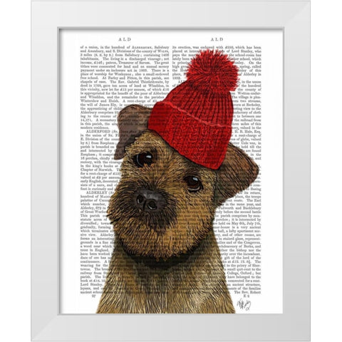 Border Terrier with Red Bobble Hat White Modern Wood Framed Art Print by Fab Funky