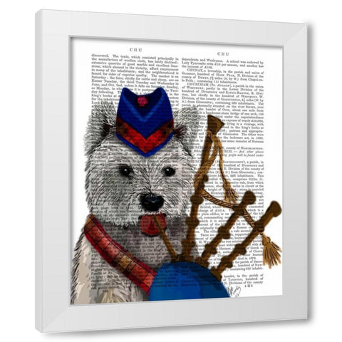 West Highland Terrier and Bagpipes White Modern Wood Framed Art Print by Fab Funky