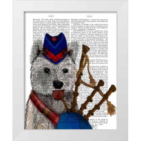 West Highland Terrier and Bagpipes White Modern Wood Framed Art Print by Fab Funky