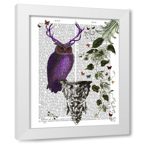 Purple Owl With Antlers White Modern Wood Framed Art Print by Fab Funky