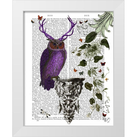 Purple Owl With Antlers White Modern Wood Framed Art Print by Fab Funky