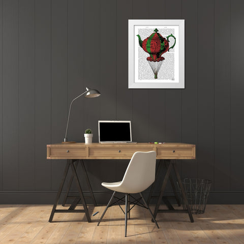 Flying Teapot 2 Red and Green White Modern Wood Framed Art Print by Fab Funky