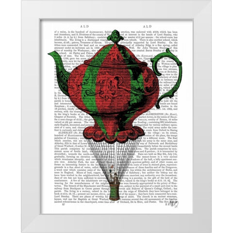 Flying Teapot 2 Red and Green White Modern Wood Framed Art Print by Fab Funky