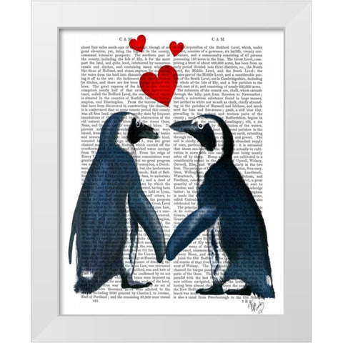 Penguins With Love Hearts White Modern Wood Framed Art Print by Fab Funky