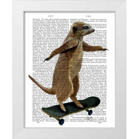Meerkat On Skateboard White Modern Wood Framed Art Print by Fab Funky