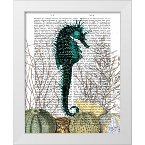 SeaHorse and Sea Urchins White Modern Wood Framed Art Print by Fab Funky