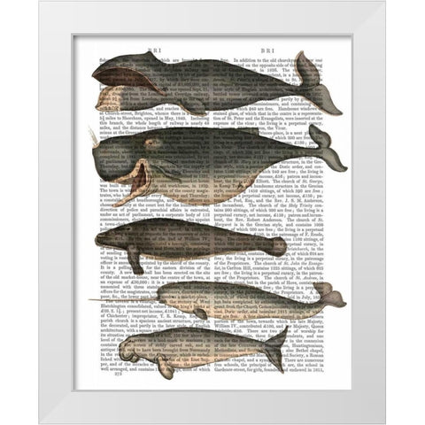 Five Vintage Whales White Modern Wood Framed Art Print by Fab Funky