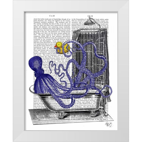 Octopus in Bath White Modern Wood Framed Art Print by Fab Funky