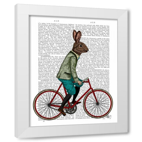 Rabbit On Bike White Modern Wood Framed Art Print by Fab Funky