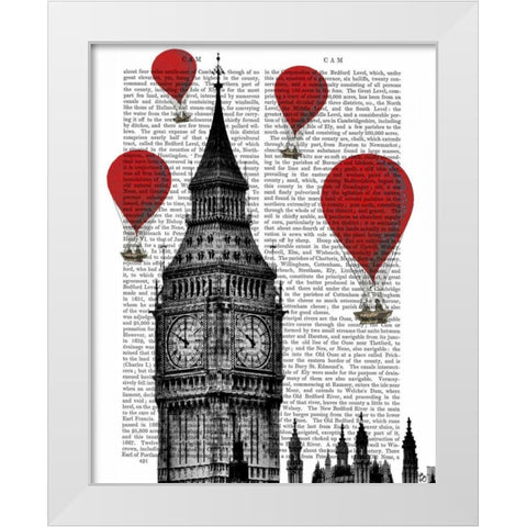 Big Ben and Red Hot Air Balloons White Modern Wood Framed Art Print by Fab Funky