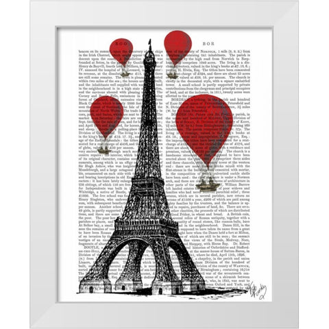Eiffel Tower and Red Hot Air Balloons White Modern Wood Framed Art Print by Fab Funky