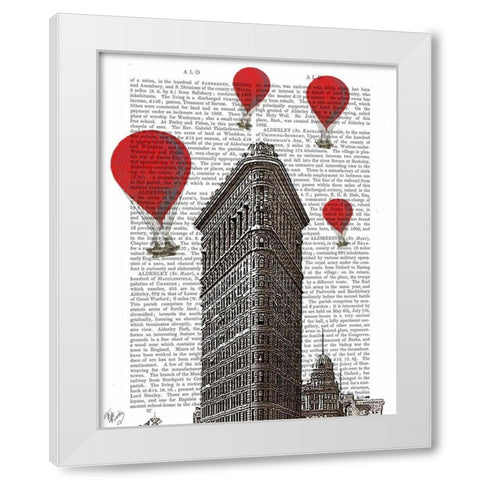 Flat Iron Building and Red Hot Air Balloons White Modern Wood Framed Art Print by Fab Funky