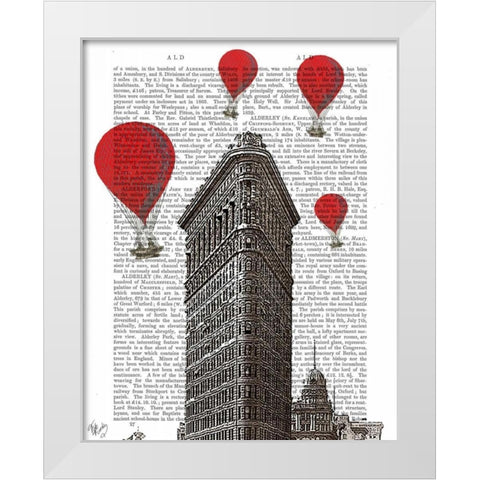 Flat Iron Building and Red Hot Air Balloons White Modern Wood Framed Art Print by Fab Funky