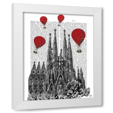 Sagrada Familia and Red Hot Air Balloons White Modern Wood Framed Art Print by Fab Funky