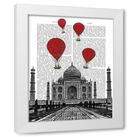 Taj Mahal and Red Hot Air Balloons White Modern Wood Framed Art Print by Fab Funky