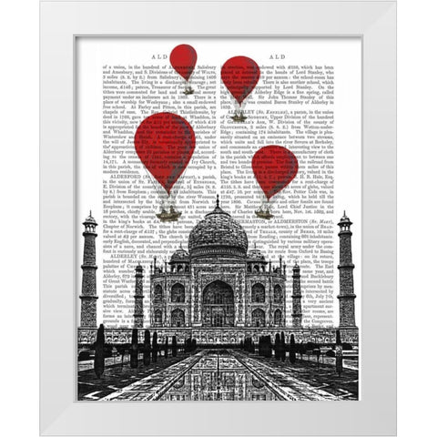 Taj Mahal and Red Hot Air Balloons White Modern Wood Framed Art Print by Fab Funky