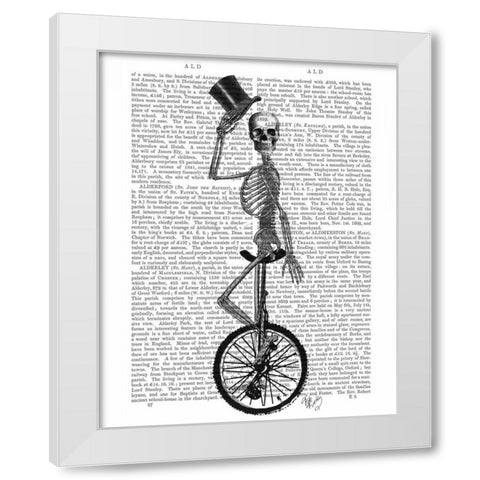 Skeleton on Unicycle White Modern Wood Framed Art Print by Fab Funky
