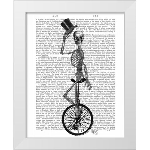 Skeleton on Unicycle White Modern Wood Framed Art Print by Fab Funky