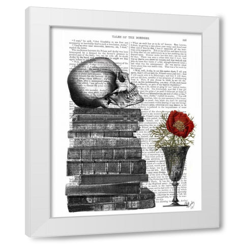 Skull And Books White Modern Wood Framed Art Print by Fab Funky