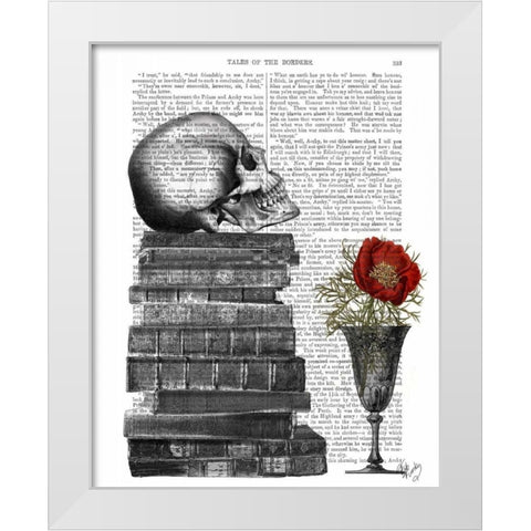 Skull And Books White Modern Wood Framed Art Print by Fab Funky