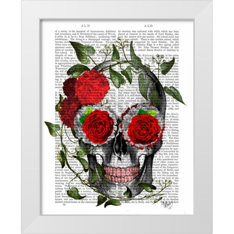 Skull With Roses And Vines White Modern Wood Framed Art Print by Fab Funky
