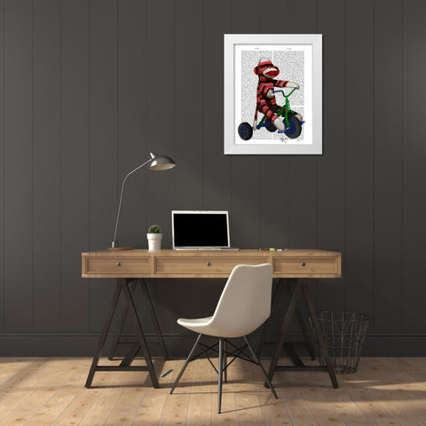 Sock Monkey on Tricycle White Modern Wood Framed Art Print by Fab Funky