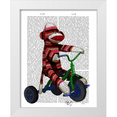 Sock Monkey on Tricycle White Modern Wood Framed Art Print by Fab Funky