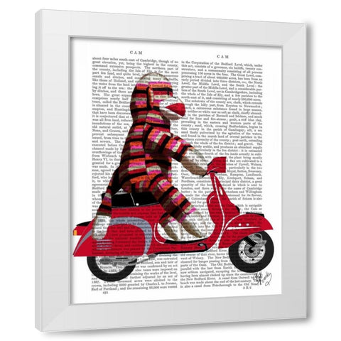 Sock Monkey on Moped White Modern Wood Framed Art Print by Fab Funky
