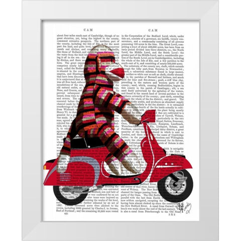 Sock Monkey on Moped White Modern Wood Framed Art Print by Fab Funky