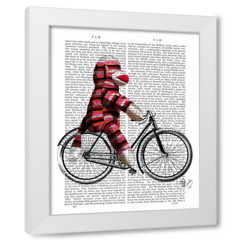 Sock Monkey on Bicycle White Modern Wood Framed Art Print by Fab Funky
