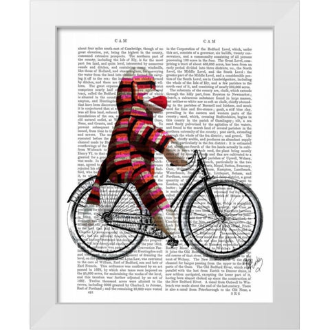 Sock Monkey on Bicycle White Modern Wood Framed Art Print by Fab Funky