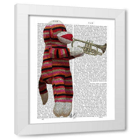 Sock Monkey Playing Trumpet White Modern Wood Framed Art Print by Fab Funky